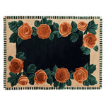 The Rosewood Garden Bloom Hand Tufted Rug features a stunning floral design with vibrant orange roses and lush green leaves against a deep black background. This elegant wool area rug is perfect for adding a touch of nature to your living room. Ideal for living room area rugs, it measures 8x10, making it a beautiful centerpiece.