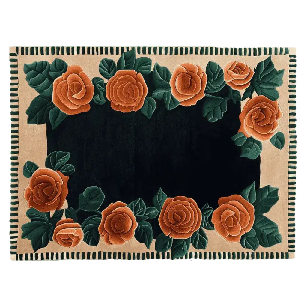 The Rosewood Garden Bloom Hand Tufted Rug features a stunning floral design with vibrant orange roses and lush green leaves against a deep black background. This elegant wool area rug is perfect for adding a touch of nature to your living room. Ideal for living room area rugs, it measures 8x10, making it a beautiful centerpiece.