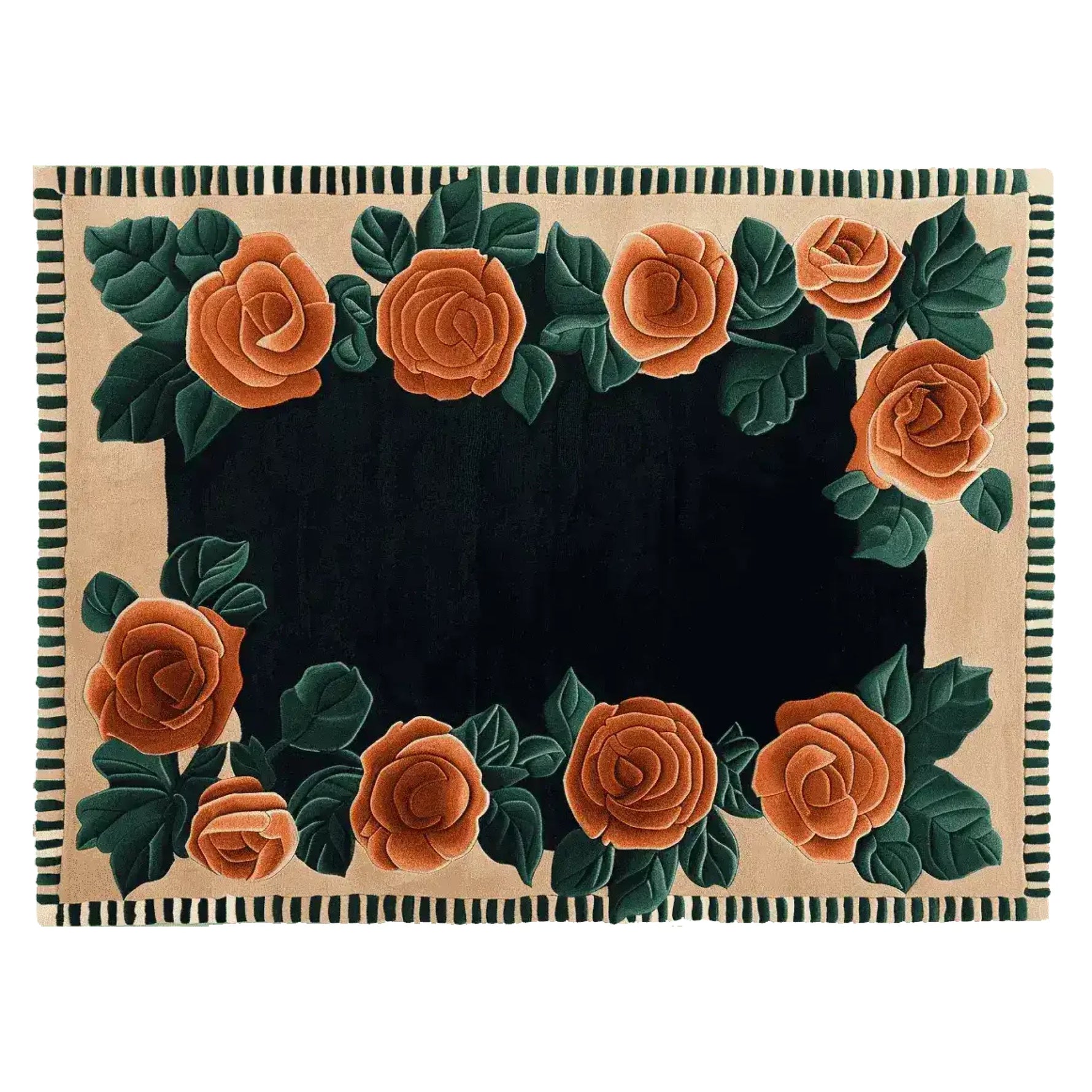 The Rosewood Garden Bloom Hand Tufted Rug features a stunning floral design with vibrant orange roses and lush green leaves against a deep black background. This elegant wool area rug is perfect for adding a touch of nature to your living room. Ideal for living room area rugs, it measures 8x10, making it a beautiful centerpiece.