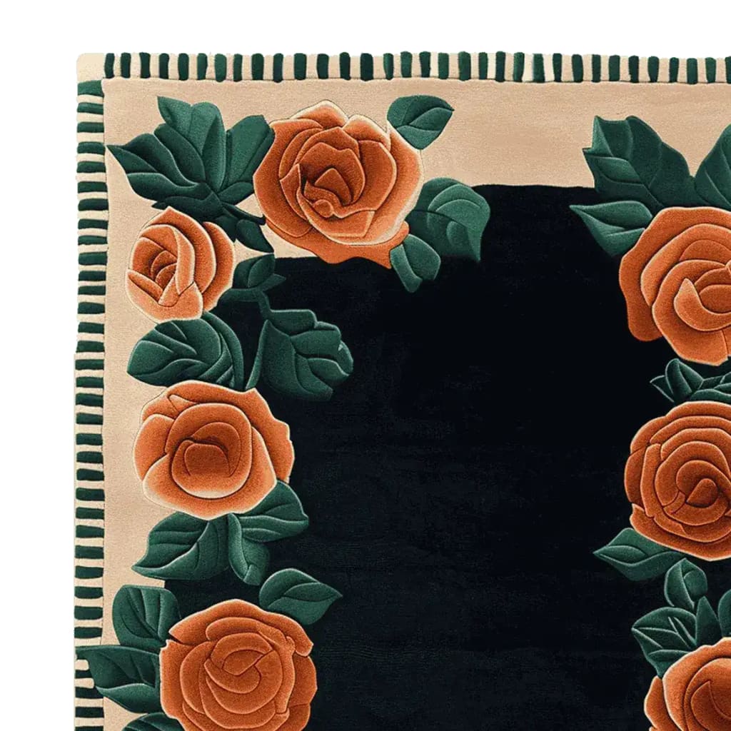 Close-up of the Rosewood Garden Bloom Hand Tufted Area Rug, showcasing its intricate floral design with vibrant orange roses and lush green leaves against a deep black background. Perfect for adding a touch of elegance to living room area rugs. This 8x10 wool rug highlights exquisite craftsmanship, making it an ideal choice for those seeking a stunning floral rug for their home.