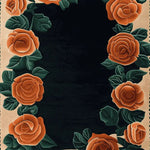 This stunning area rug, titled 'Rosewood Garden Bloom Hand Tufted Rug', features a rich floral design with vibrant orange roses and lush green leaves on a dark background. Perfect for adding elegance to living room spaces, this wool rug measures 8x10, making it an ideal choice for those seeking living room area rugs with a touch of nature-inspired beauty.