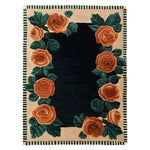 A beautifully hand-tufted area rug featuring vibrant orange roses with green leaves on a dark background, perfect for adding a touch of elegance to any living room. This 8x10 wool floral rug combines style and comfort, ideal for those seeking living room area rugs with a unique design.