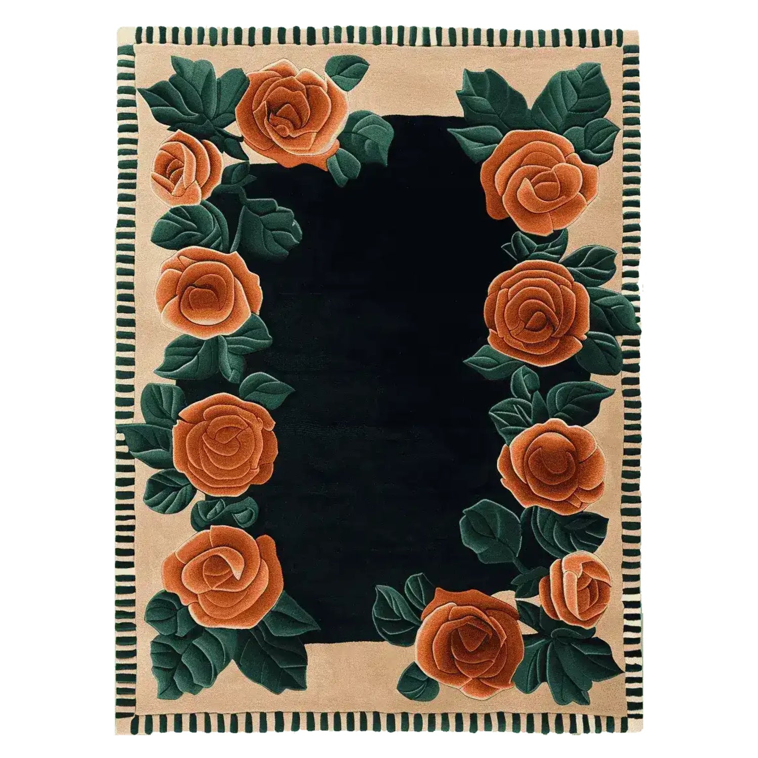 A beautifully hand-tufted area rug featuring vibrant orange roses with green leaves on a dark background, perfect for adding a touch of elegance to any living room. This 8x10 wool floral rug combines style and comfort, ideal for those seeking living room area rugs with a unique design.