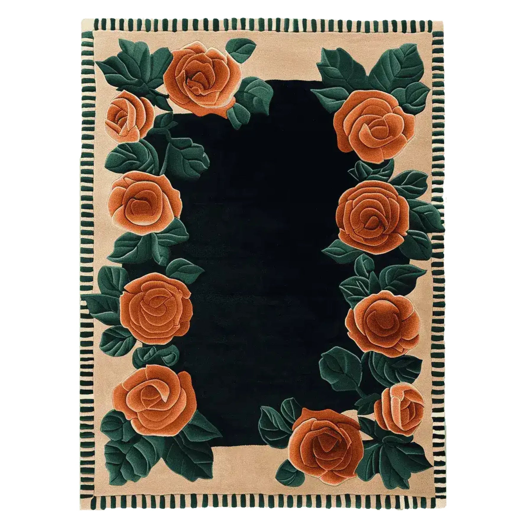 A beautifully hand-tufted area rug featuring vibrant orange roses with green leaves on a dark background, perfect for adding a touch of elegance to any living room. This 8x10 wool floral rug combines style and comfort, ideal for those seeking living room area rugs with a unique design.