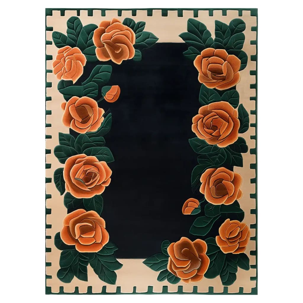 The Rosewood Reverie Hand Tufted Wool Rug features a stunning floral design with vibrant orange roses and lush green leaves, perfect for enhancing living room spaces. This area rug showcases exquisite craftsmanship, making it an ideal choice for those seeking a high-quality wool rug with an elegant floral pattern.