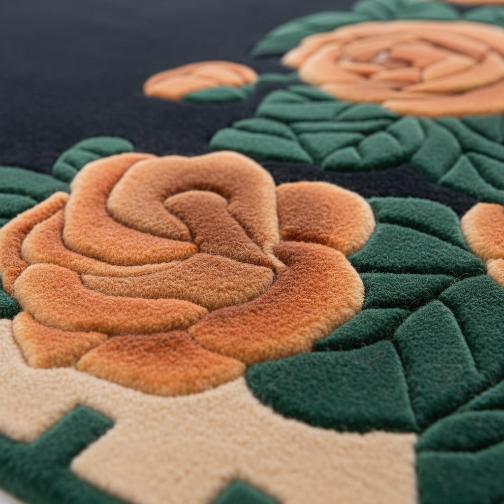 Close-up of a textured rug with floral patterns in green, brown, and beige.