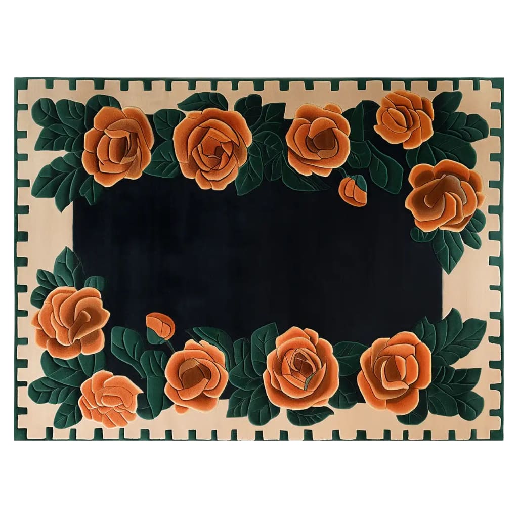 Elegant Rosewood Reverie wool area rug with a vibrant floral design, perfect for enhancing living room decor. This hand-tufted rug features lush orange roses and green leaves on a black background, creating a striking centerpiece among living room area rugs.
