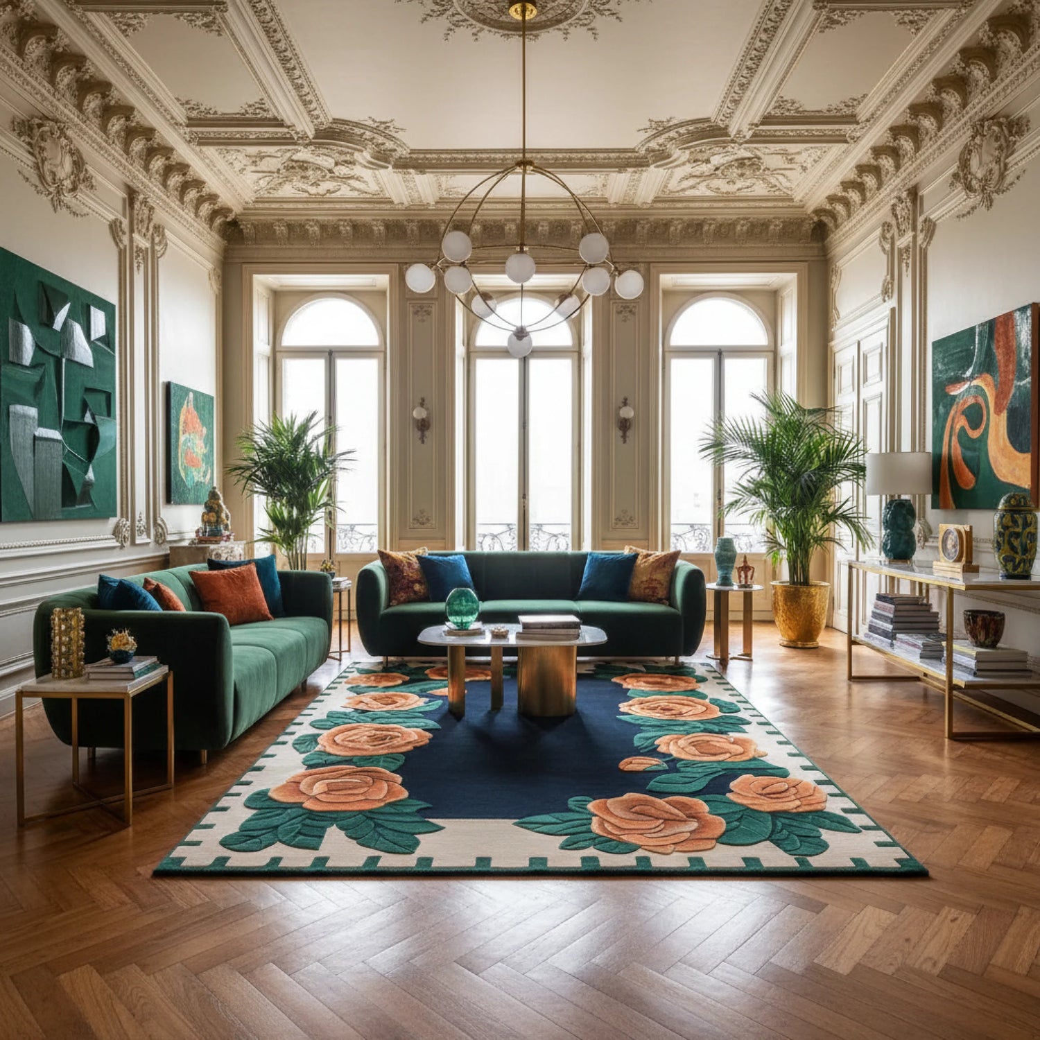 Luxurious living room with floral rug, green sofa, and decorative elements.