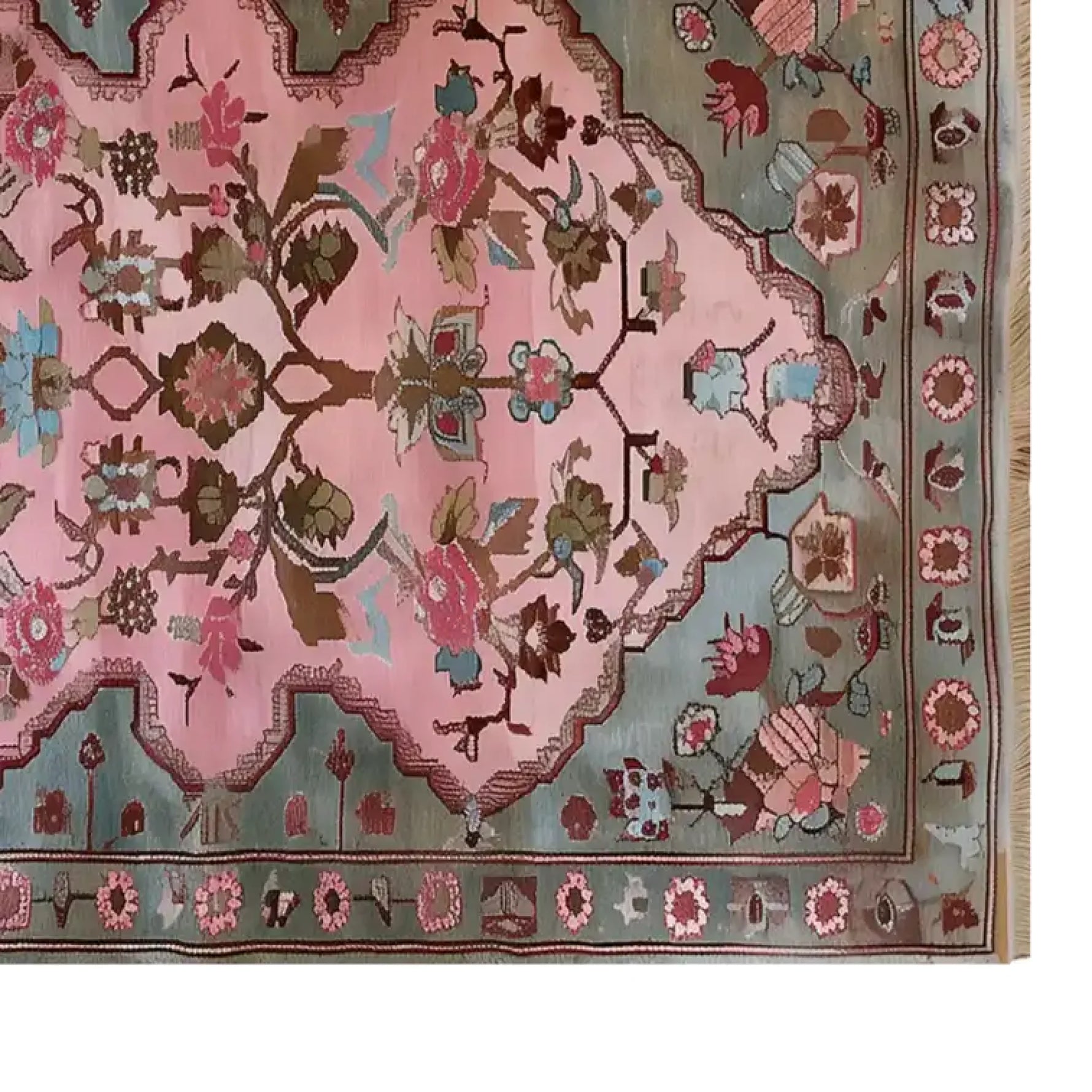 Rosie Reverie Knotted Wool Rug showcasing an intricate floral design with vibrant pink and green hues, perfect as an area rug for living rooms. This floral rug adds a touch of elegance and warmth to any space, creating an inviting atmosphere.