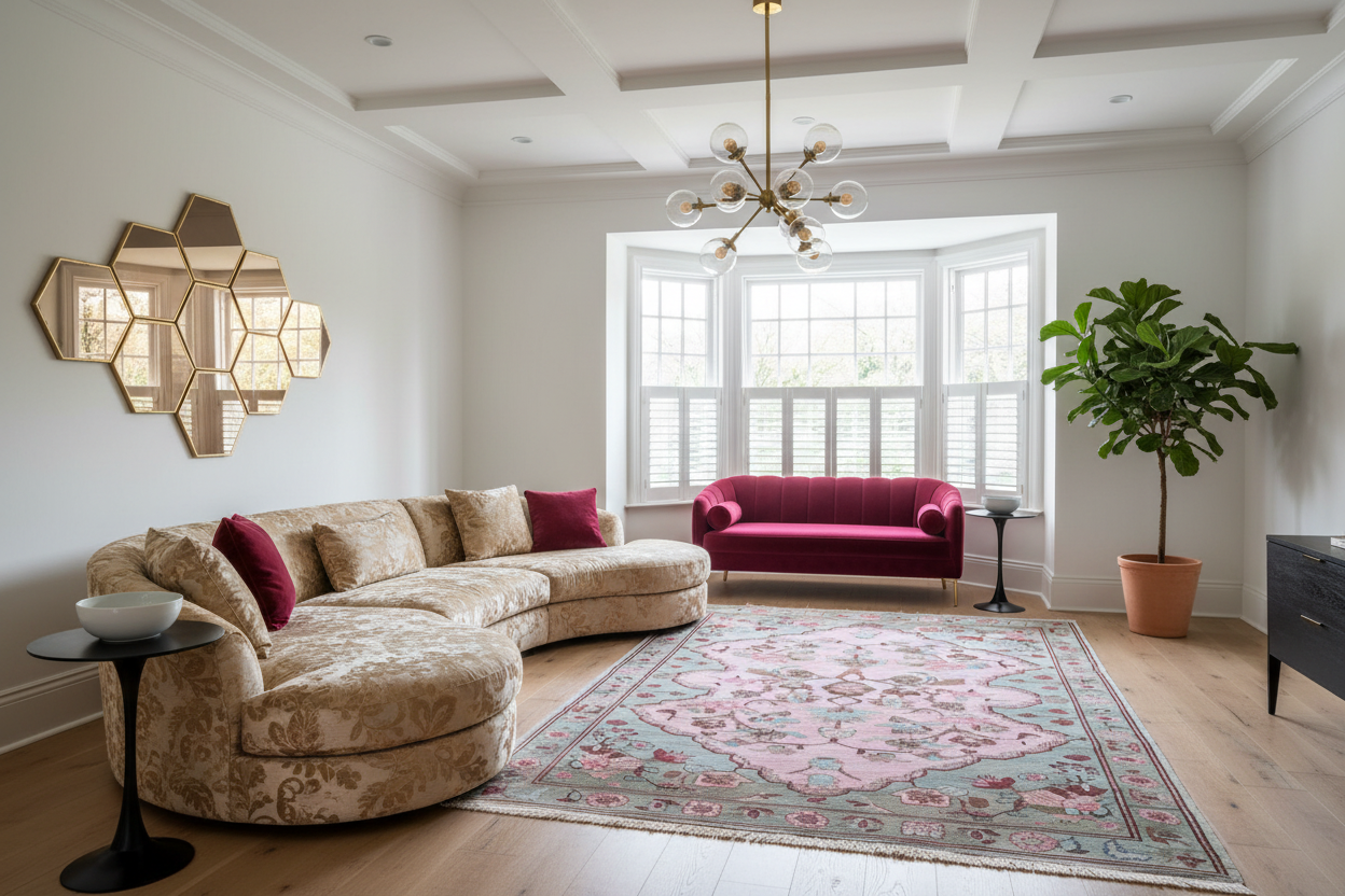Living room with a large beige sofa, red couch, and decorative rug.