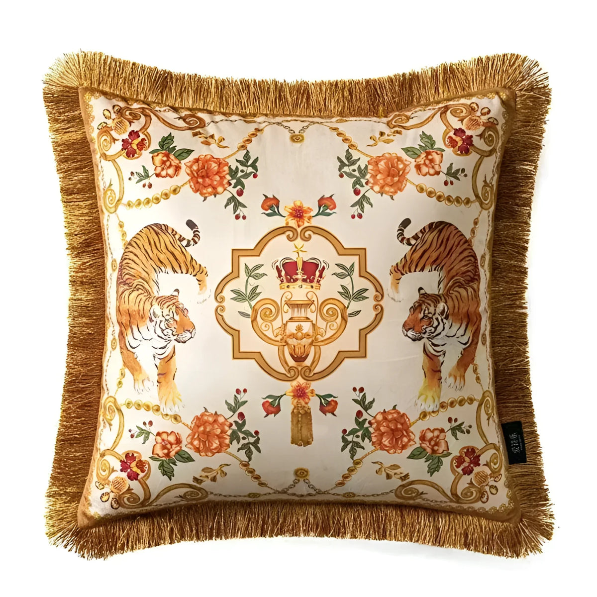 Rosy Asian Tigers floral throw pillow cover featuring elegant golden fringes, ideal for adding a touch of luxury to your home decor.