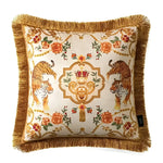 Rosy Asian Tigers floral throw pillow cover featuring elegant golden fringes, ideal for adding a touch of luxury to your home decor.