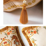 Floral throw pillow cover featuring rosy Asian tigers and golden fringes, perfect for adding a touch of elegance to any decor.