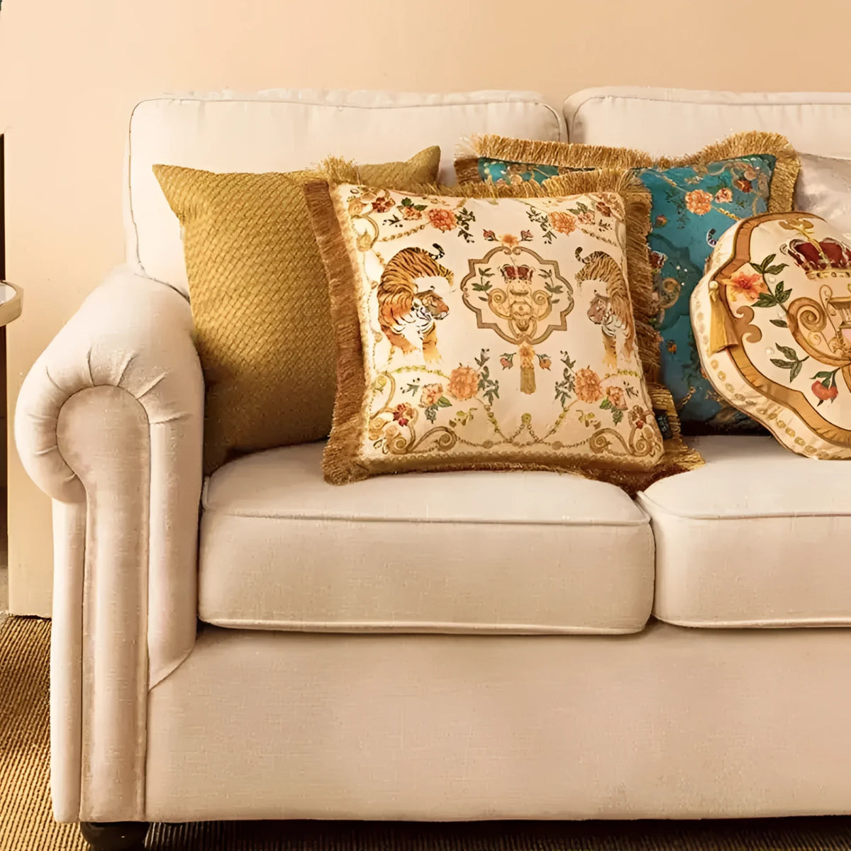 Decorative throw pillow featuring rosy Asian tigers and floral designs, adorned with golden fringes, perfect for adding a vibrant touch to any living space.