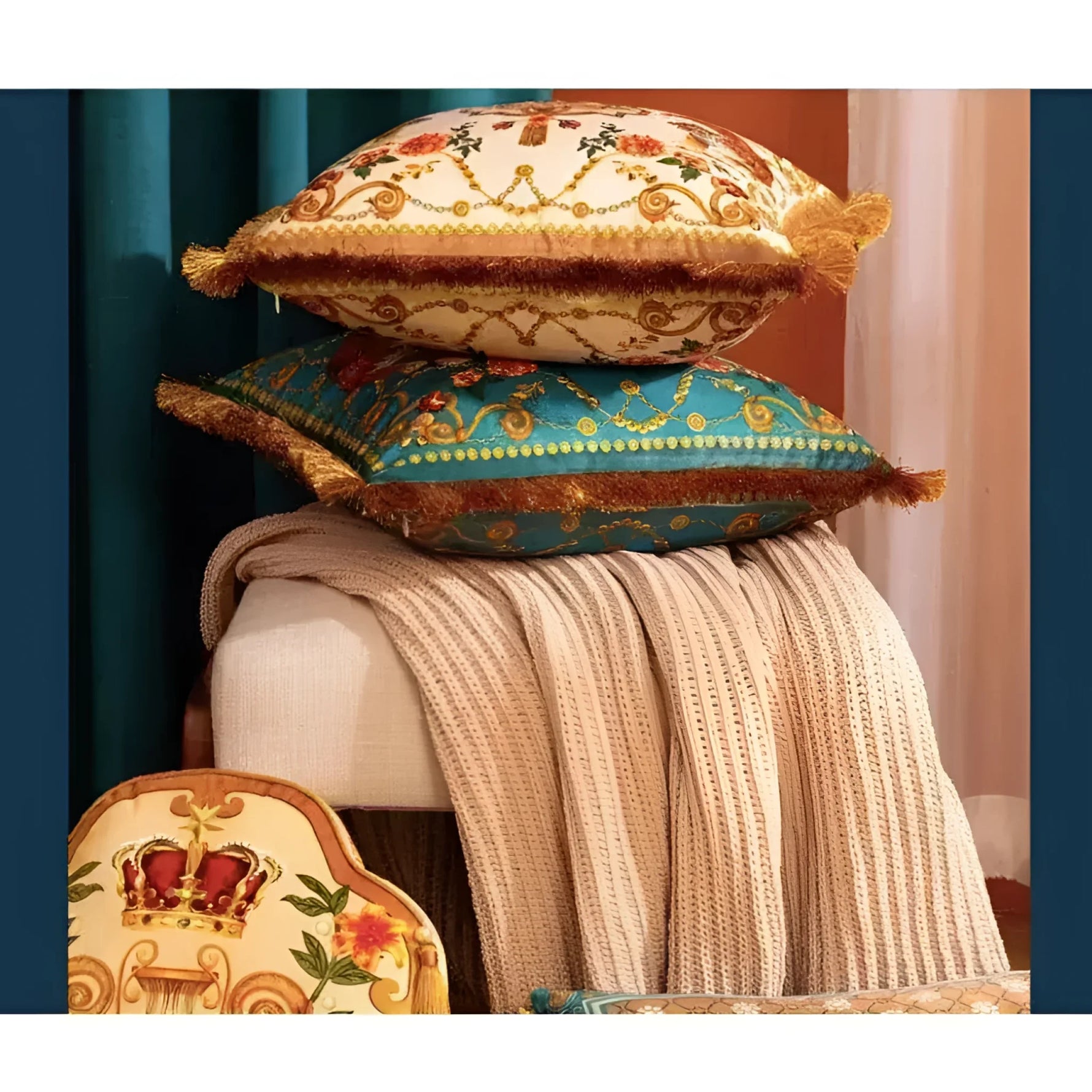 Rosy Asian Tigers floral throw pillow cover with golden fringes, featuring intricate patterns and vibrant colors, perfect for home decor