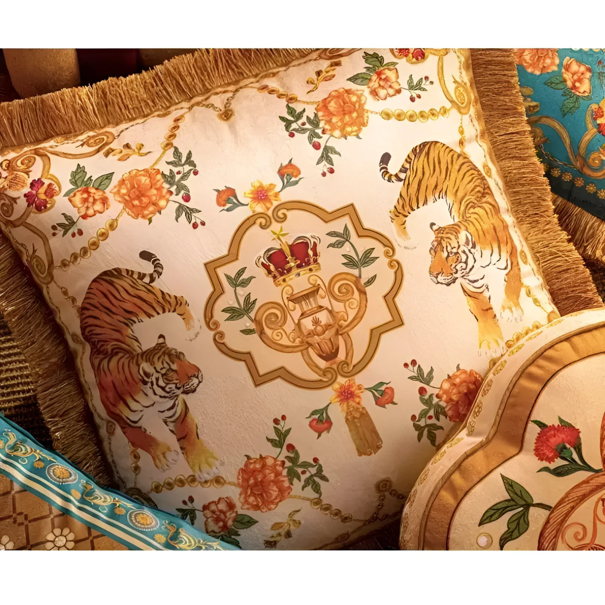 Decorative throw pillow featuring rosy Asian tiger designs and floral patterns, accented with golden fringes.