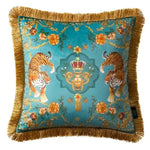 Rosy Asian Tigers Floral Throw Pillow Cover with Golden Fringes Blue 18" x 18"