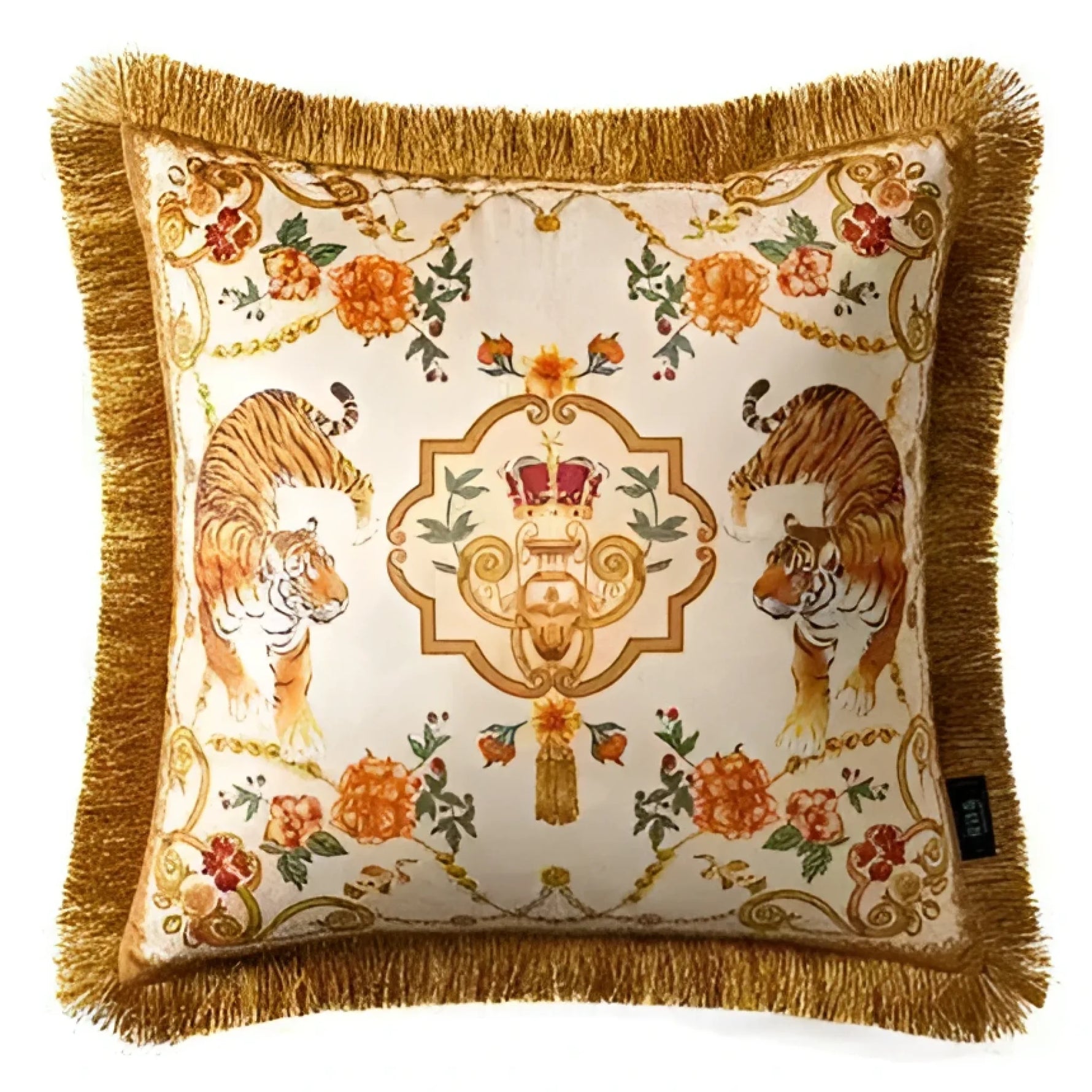 Rosy Asian Tigers Floral Throw Pillow Cover with Golden Fringes White 18" x 18"