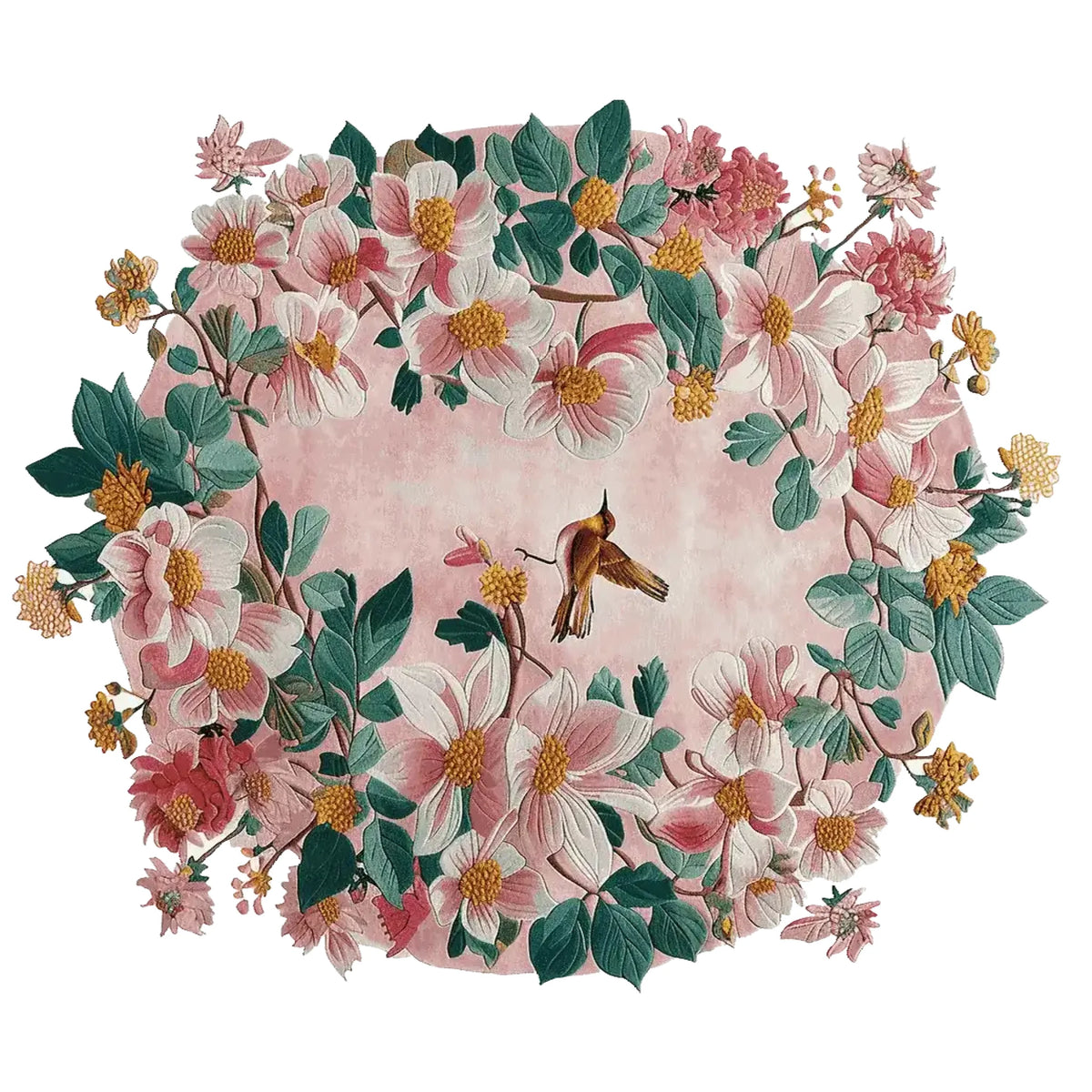 The Rosy Blossom Tapestry Hand Tufted Rug is a vibrant area rug featuring a beautiful floral design with pink and white blossoms, green leaves, and a charming bird. Perfect for adding elegance to living rooms, this wool rug is an ideal choice for those seeking stylish 8x10 living room rugs or floral area rugs.