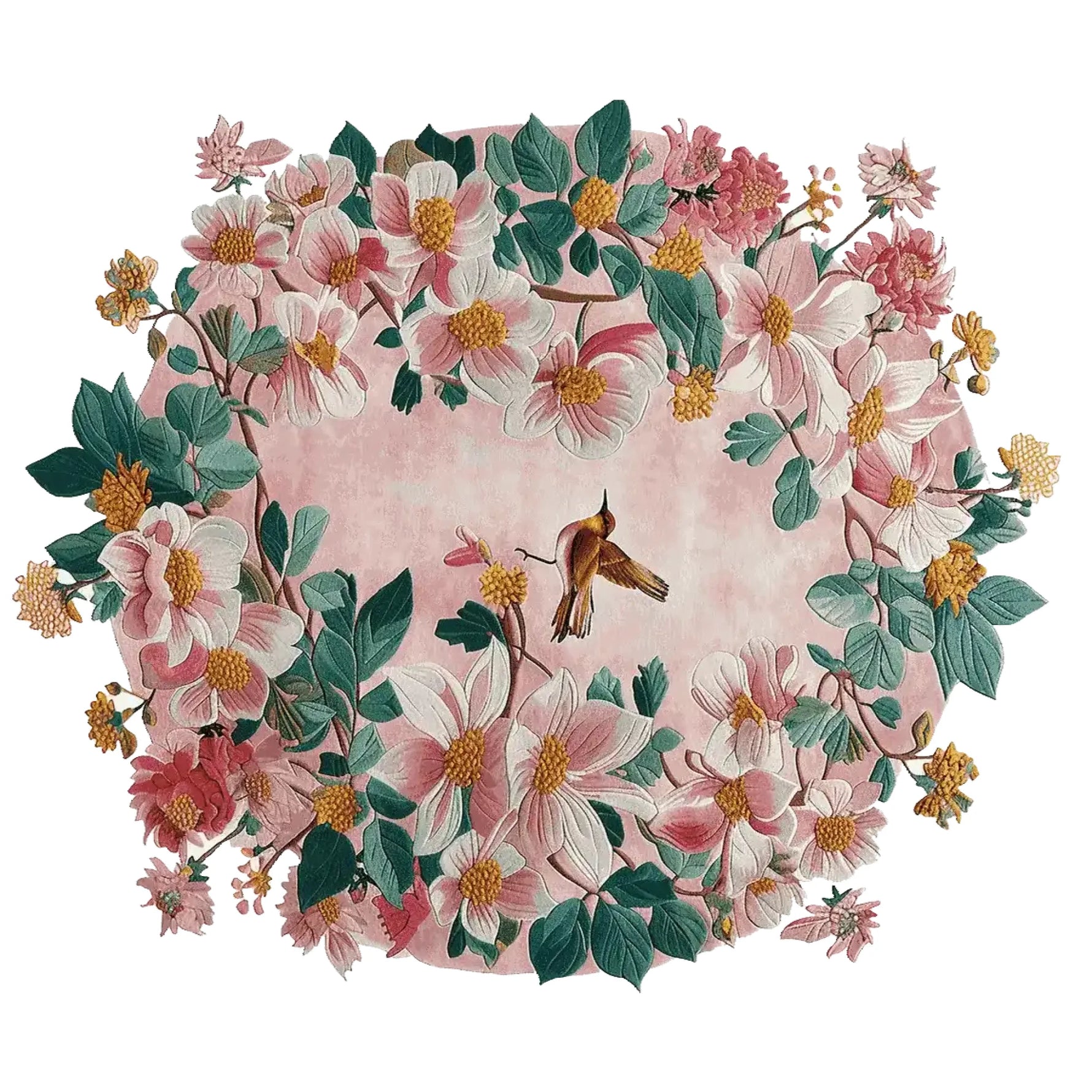 The Rosy Blossom Tapestry Hand Tufted Rug is a vibrant area rug featuring a beautiful floral design with pink and white blossoms, green leaves, and a charming bird. Perfect for adding elegance to living rooms, this wool rug is an ideal choice for those seeking stylish 8x10 living room rugs or floral area rugs.