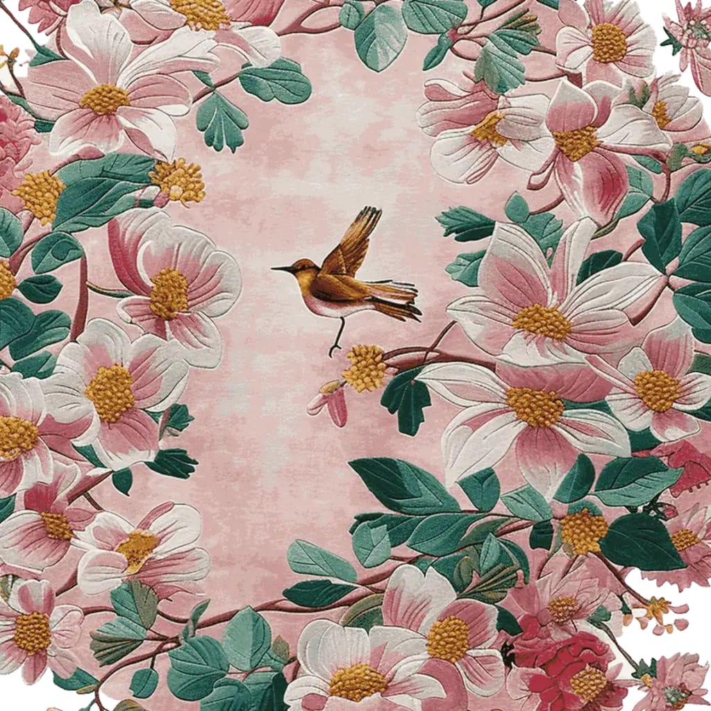 Rosy Blossom Tapestry Hand Tufted Area Rug featuring a vibrant floral design with pink and white flowers, lush green leaves, and a charming bird on a soft pink background. Perfect for adding elegance to living rooms, this wool rug is an ideal 8x10 area rug choice for those seeking floral rugs or area rugs for living room decor.