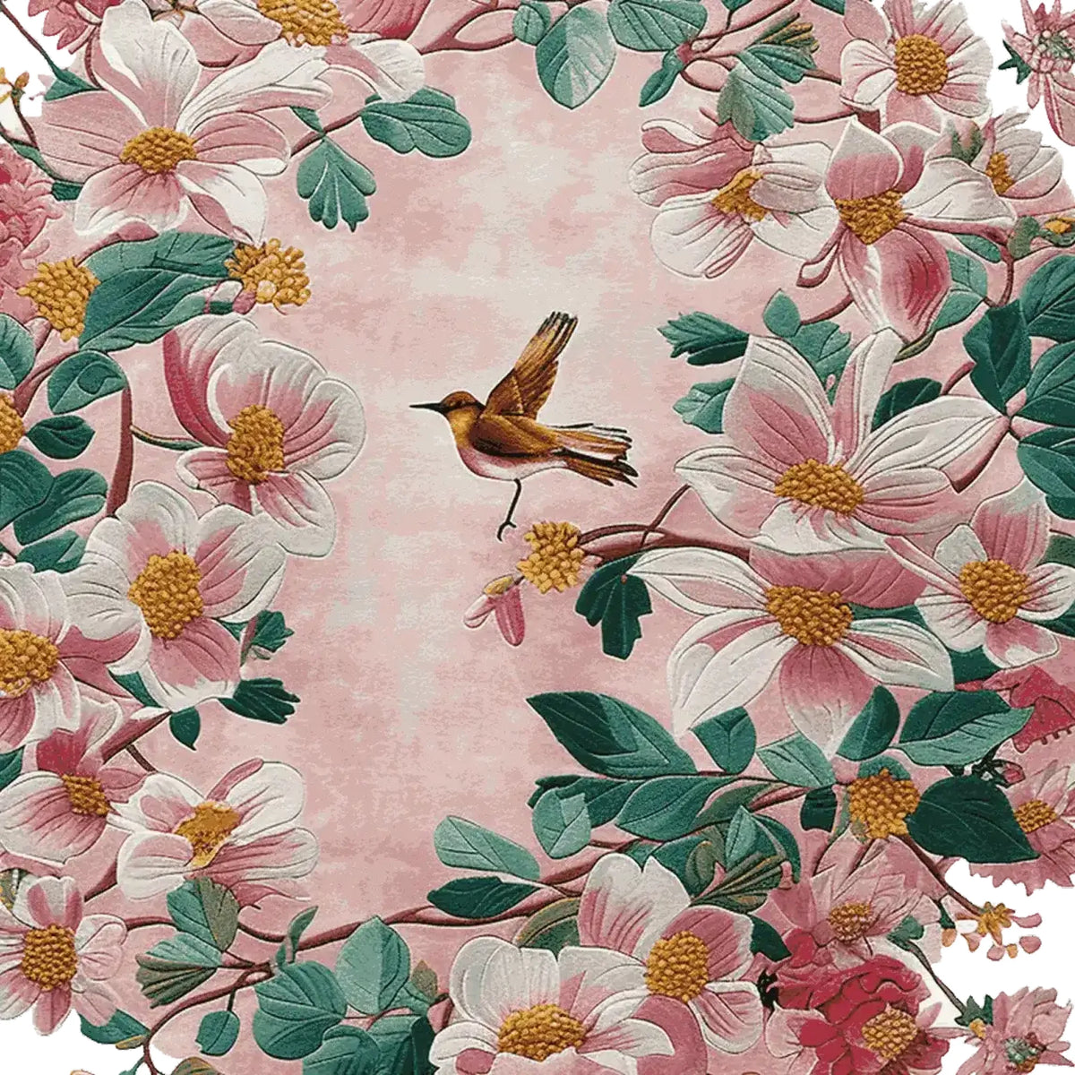 Rosy Blossom Tapestry Hand Tufted Area Rug featuring a vibrant floral design with pink and white flowers, lush green leaves, and a charming bird on a soft pink background. Perfect for adding elegance to living rooms, this wool rug is an ideal 8x10 area rug choice for those seeking floral rugs or area rugs for living room decor.