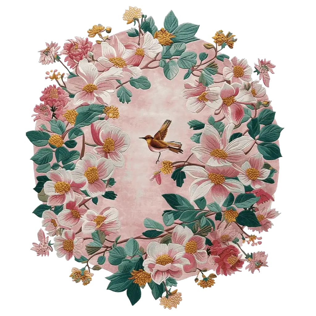 The Rosy Blossom Tapestry Hand Tufted Area Rug showcases a beautiful floral design, featuring pink and white blossoms with green leaves, and a delicate bird at the center. This wool rug is perfect for adding a touch of nature to your living room. Ideal as an 8x10 area rug for living rooms, it combines elegance and comfort.