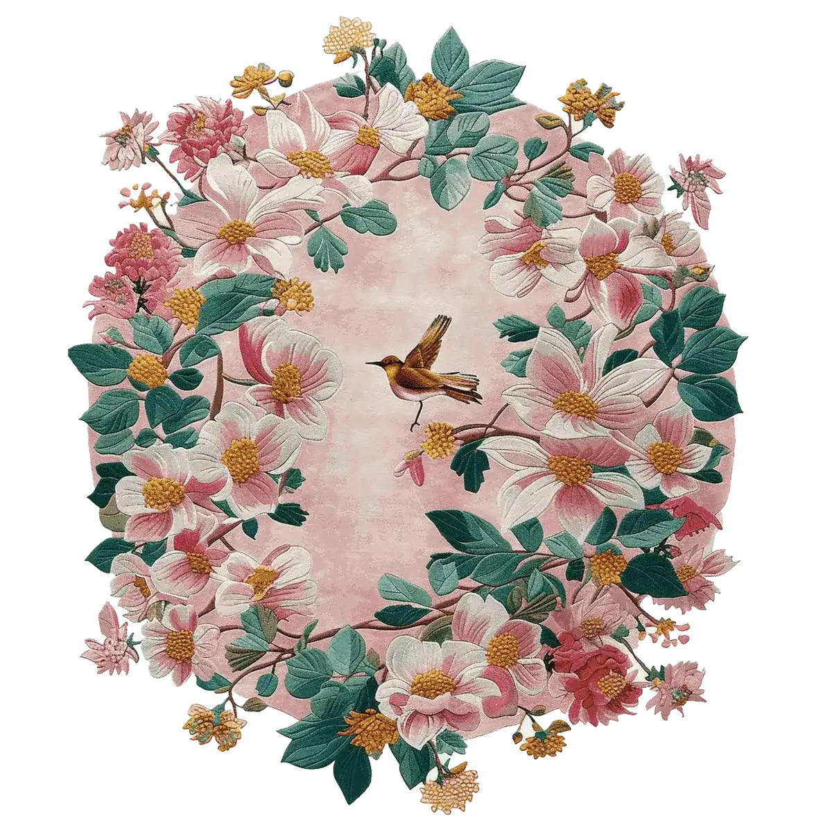 The Rosy Blossom Tapestry Hand Tufted Area Rug showcases a beautiful floral design, featuring pink and white blossoms with green leaves, and a delicate bird at the center. This wool rug is perfect for adding a touch of nature to your living room. Ideal as an 8x10 area rug for living rooms, it combines elegance and comfort.