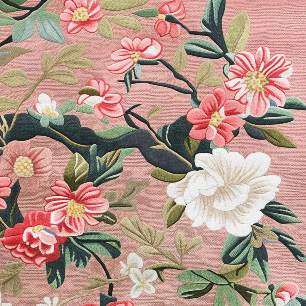 Close-up view of the Rosy Cascade Hand Tufted Rug, showcasing intricate floral patterns in shades of pink and green. This wool area rug is perfect for adding a vintage touch to large living rooms, blending elegance with the charm of a floral rug.