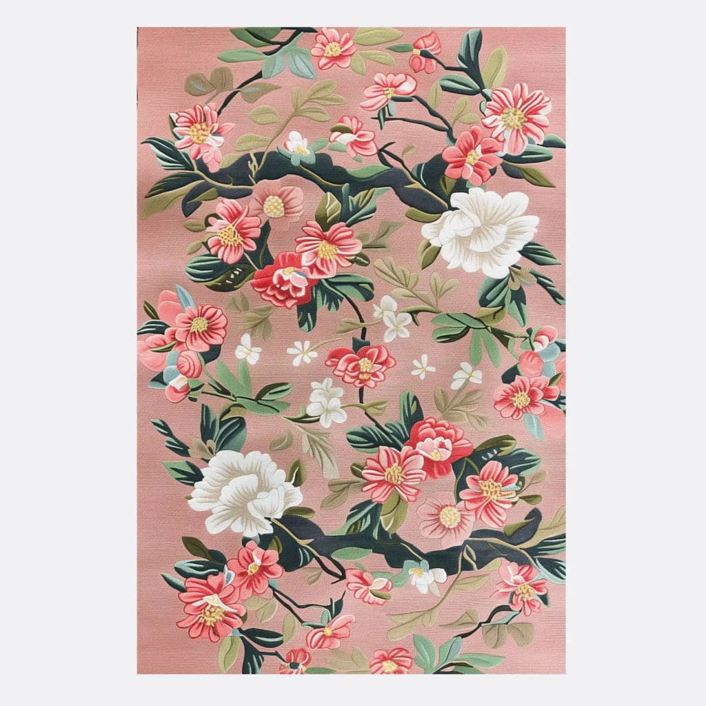 The Rosy Cascade Hand Tufted Rug features a stunning floral design with lush pink and white blossoms against a soft background. This elegant area rug, crafted from high-quality wool, is perfect for a large living room setting. Its vintage charm and vibrant colors make it an ideal choice for those seeking floral rugs or rugs for living room decor.