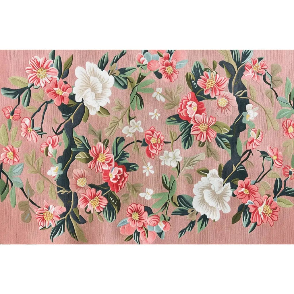 The Rosy Cascade Hand Tufted Area Rug, perfect for large living room spaces, showcases a vintage floral design. This wool rug features intricate pink and white blossoms with lush green leaves on a soft background, making it an elegant choice for any living room.