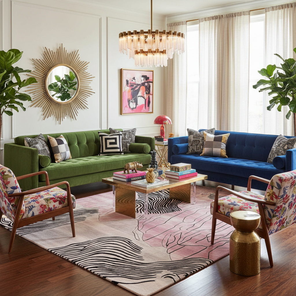 Modern living room with a contemporary pink wool rug, green sofa, blue sofa, and colorful decor