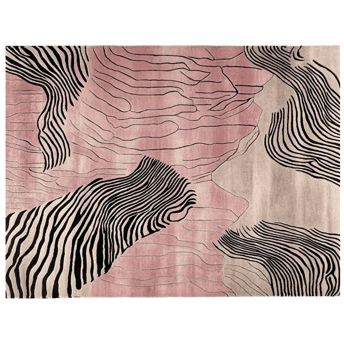 Top view of the Rosy Desert Drift Lines Hand Tufted Area Rug, showcasing a contemporary abstract design with pink and beige hues, accented by bold black lines. This wool rug is perfect for adding a modern touch to living rooms, making it an ideal choice for those seeking stylish area rugs for living room decor.