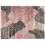 Top view of the Rosy Desert Drift Lines Hand Tufted Area Rug, showcasing a contemporary abstract design with pink and beige hues, accented by bold black lines. This wool rug is perfect for adding a modern touch to living rooms, making it an ideal choice for those seeking stylish area rugs for living room decor.