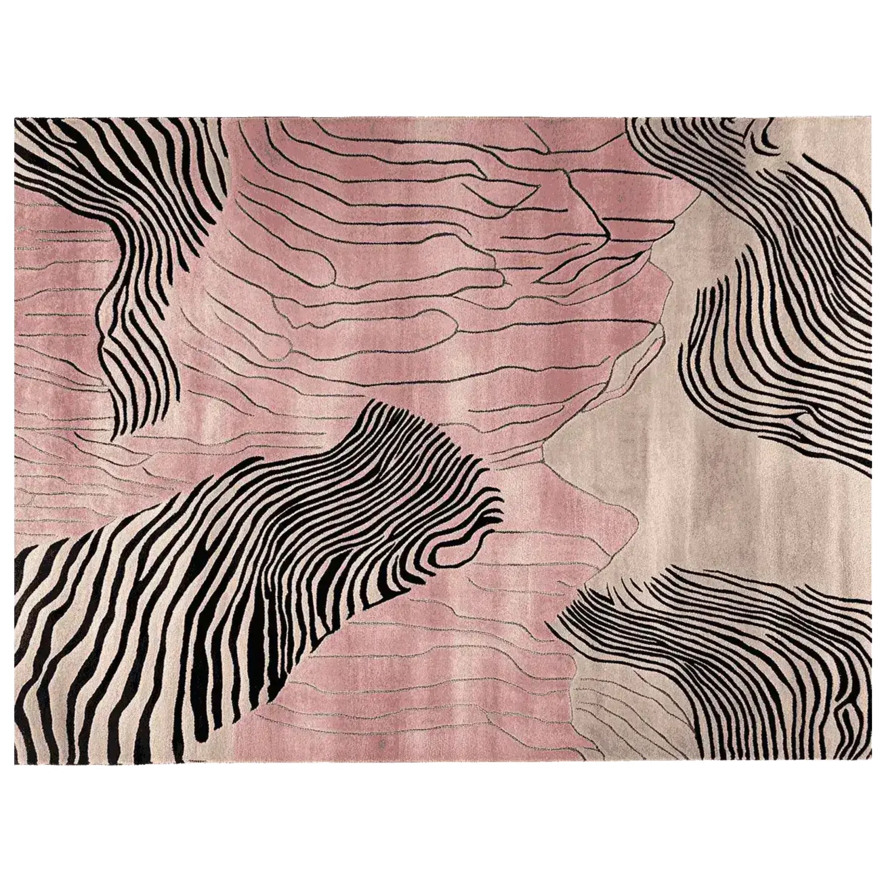 Top view of the Rosy Desert Drift Lines Hand Tufted Area Rug, showcasing a contemporary abstract design with pink and beige hues, accented by bold black lines. This wool rug is perfect for adding a modern touch to living rooms, making it an ideal choice for those seeking stylish area rugs for living room decor.