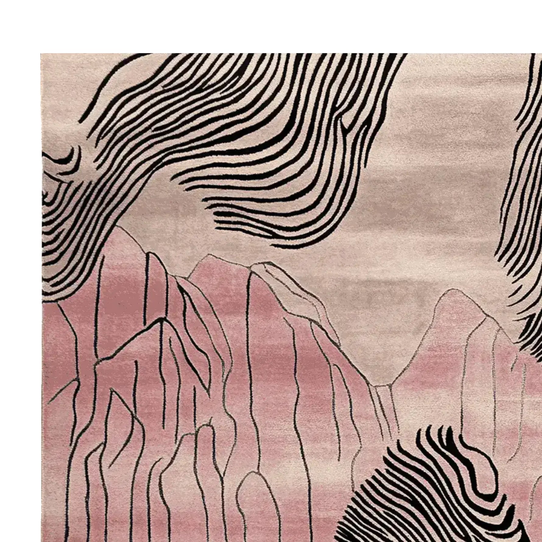 A contemporary area rug showcasing an abstract design inspired by desert landscapes. The hand-tufted wool rug features soft pink and beige tones with bold black lines, ideal for adding a modern touch to living room spaces.