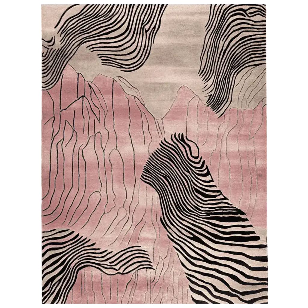 Top view of the Rosy Desert Drift Lines Hand Tufted Area Rug showcasing an abstract design in soft pink and black, perfect for contemporary living rooms. This wool rug features flowing lines that evoke a serene desert landscape, making it an ideal choice for those seeking stylish area rugs for living rooms.