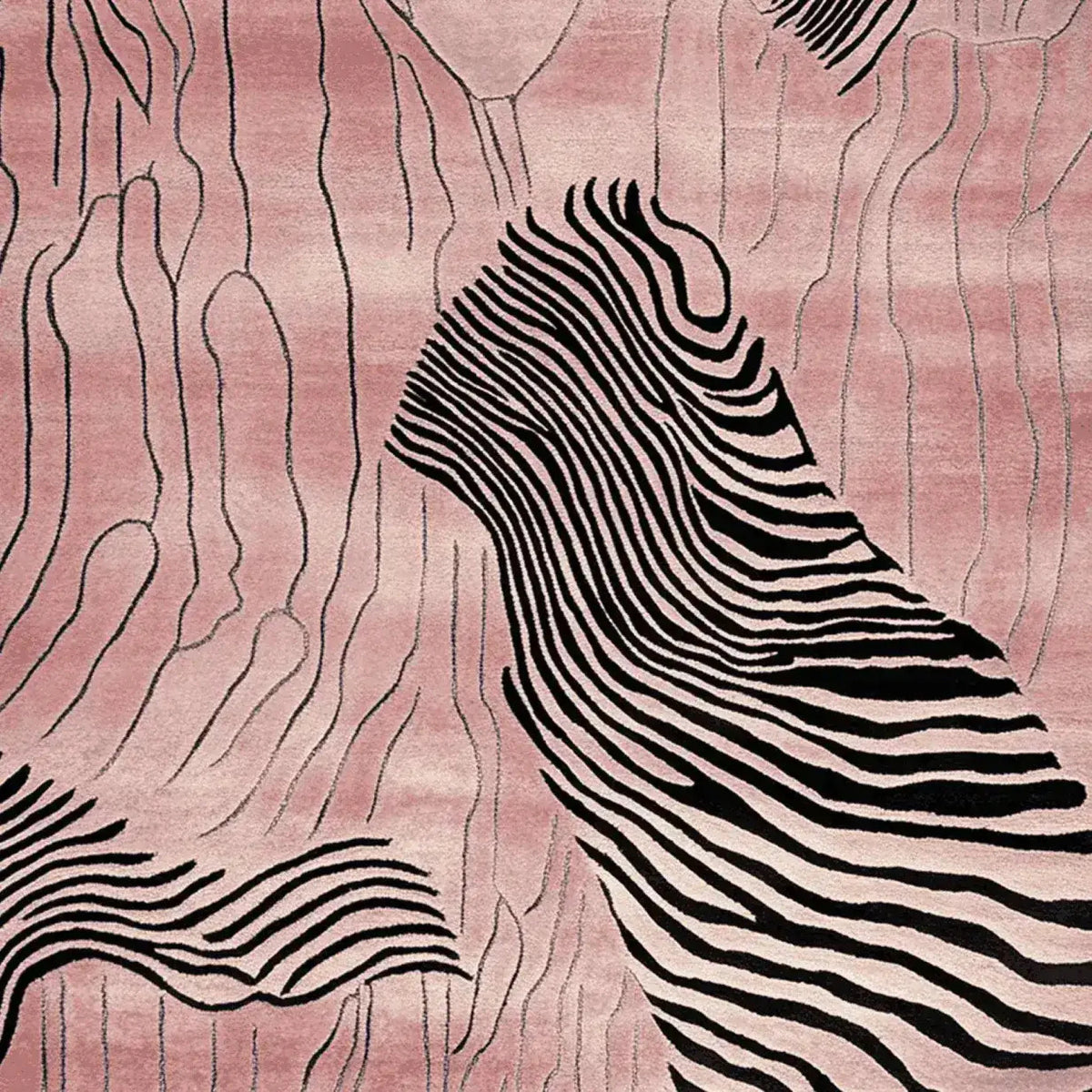 This Rosy Desert Drift Lines Hand Tufted Rug is a contemporary area rug featuring an abstract design with flowing black lines on a soft pink background. Made from high-quality wool, this rug is perfect for adding a modern touch to your living room. Ideal for those seeking stylish and durable area rugs for living room decor.