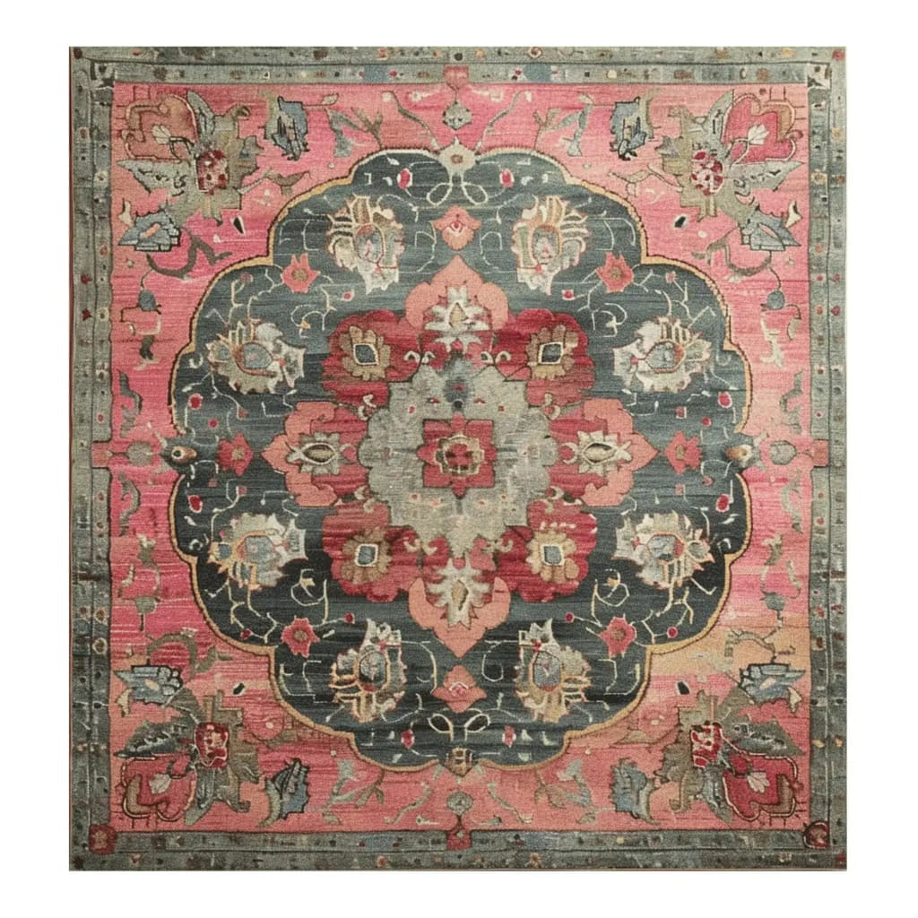 Rosy Heritage Hand Tufted Rug, a square area rug, featuring a vintage Persian design with intricate floral patterns in shades of pink, blue, and beige. Perfect for dining room carpets or as a dining table rug, this wool rug adds elegance to any office or dining room setting.