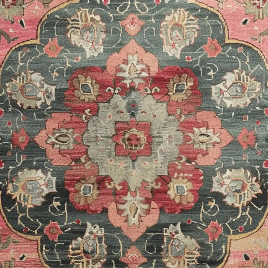A close-up view of the Rosy Heritage Hand Tufted Rug, showcasing an intricate vintage Persian design. The wool rug features bold red and muted green tones, ideal as a square area rug under a dining table or as a statement piece in a dining room or office. Perfect for those seeking a classic touch with dining room carpets.