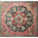 A vibrant Rosy Heritage Hand Tufted Rug showcasing intricate vintage Persian designs. This square area rug features a rich blend of pink, gray, and blue tones, ideal as a dining table rug or as an elegant addition to a dining room or office. Made from quality wool, this rug offers a classic and timeless appeal.