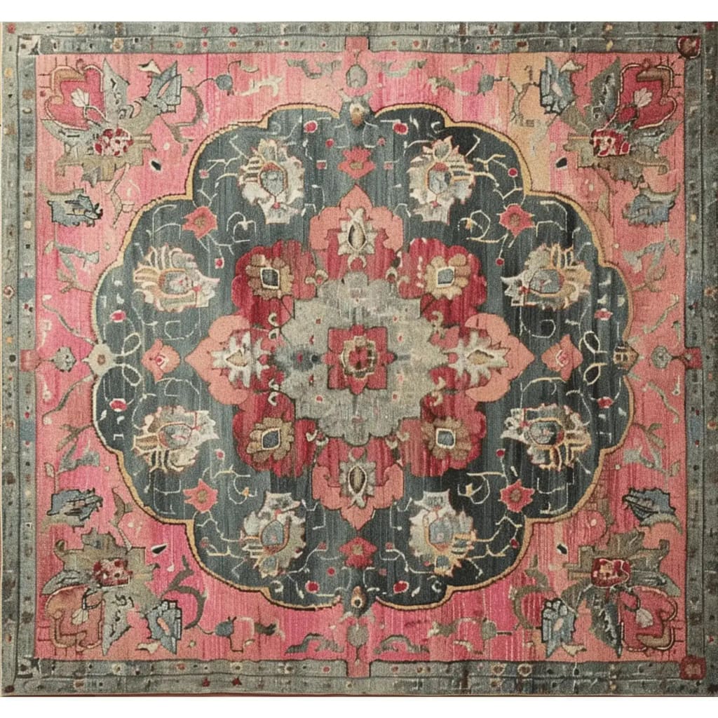 A vibrant Rosy Heritage Hand Tufted Rug showcasing intricate vintage Persian designs. This square area rug features a rich blend of pink, gray, and blue tones, ideal as a dining table rug or as an elegant addition to a dining room or office. Made from quality wool, this rug offers a classic and timeless appeal.