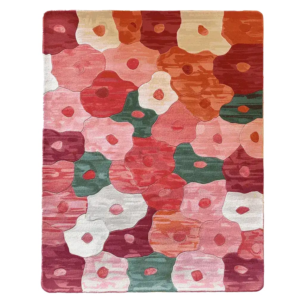Rosy Meadow Hand Tufted Area Rug featuring a vibrant floral pattern in shades of red, pink, and green. This wool rug is perfect for adding a touch of nature to your living room. Available in 8x10 size, it's an ideal choice for those looking to enhance their decor with a stylish floral rug.
