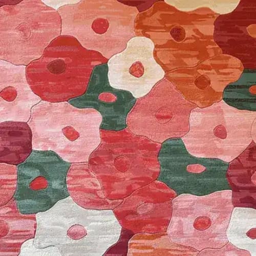 A vibrant area rug featuring a hand-tufted floral design in shades of pink, red, green, and orange. This wool rug is perfect for adding a pop of color to living room spaces, available in 8x10 size.