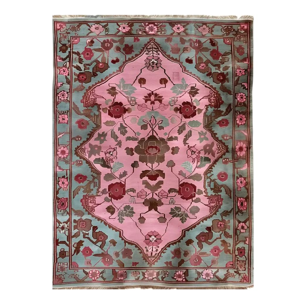 The Rosy Mirage Knotted Wool Rug showcases a stunning floral design with intricate patterns, perfect for adding elegance to any living room. This large area rug features vibrant pinks and greens, making it an ideal choice for those seeking a unique floral rug to enhance their space.