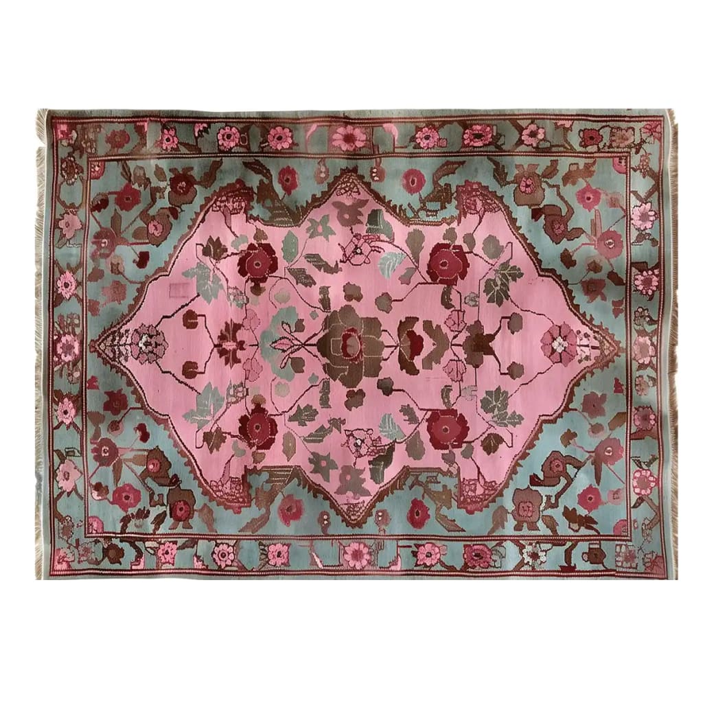Top view of the Rosy Mirage Knotted Wool Rug, an elegant area rug featuring a vibrant floral design. This large living room rug showcases intricate pink and red flower patterns on a soft blue background, perfect for adding a touch of sophistication to any space.