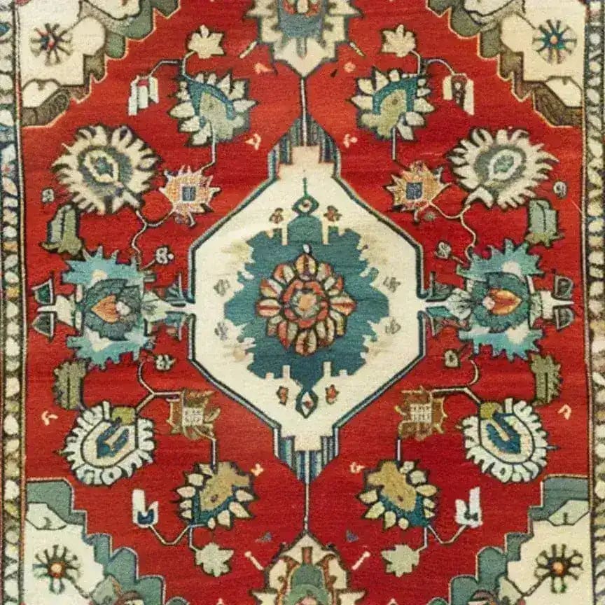 Close-up view of the Rosy Retreat Hand Knotted Area Rug featuring intricate vintage Persian rug designs in vibrant red, blue, and cream. Perfect for large living rooms, this elegant rug enhances any space with its timeless beauty.