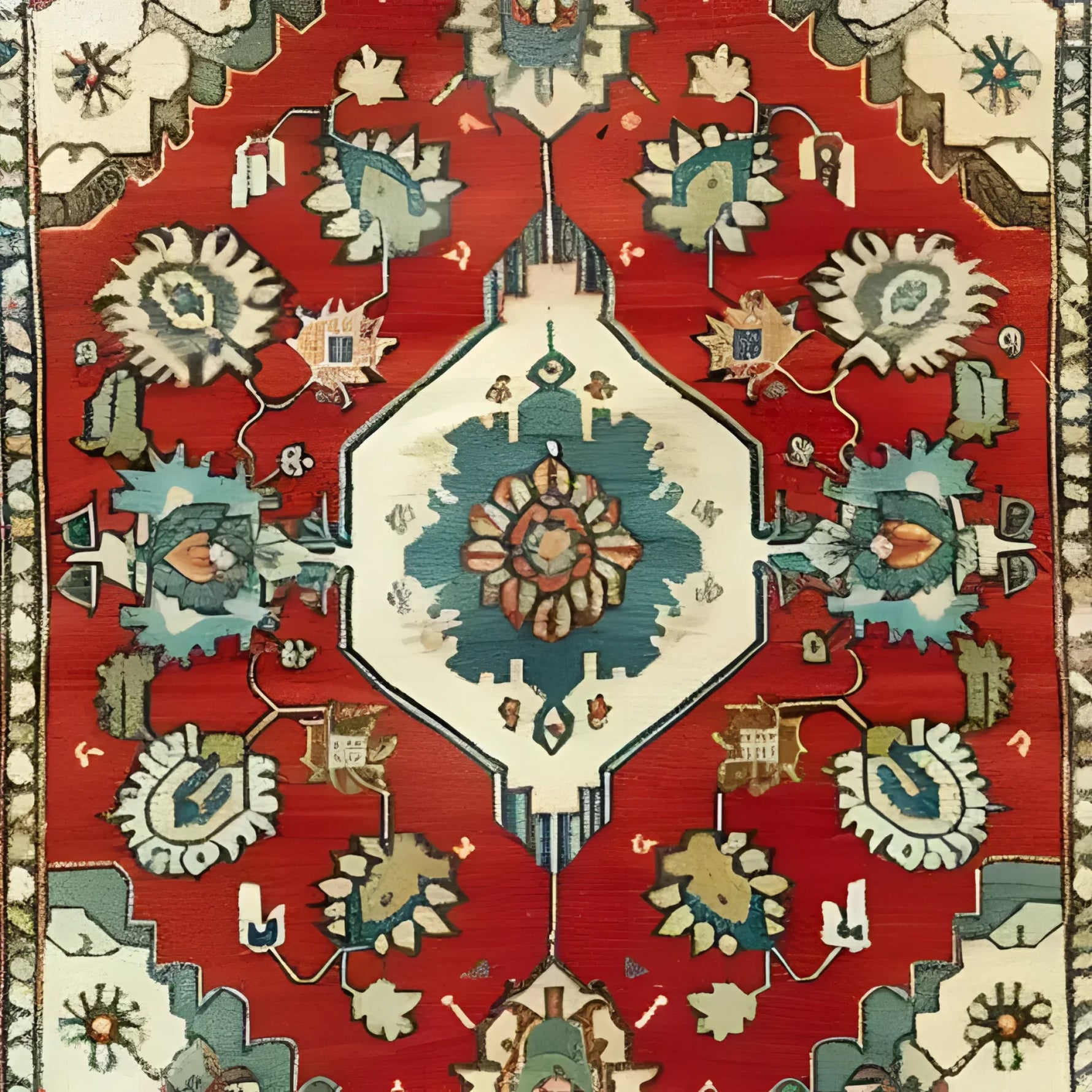 Close-up view of the Rosy Retreat Hand Knotted Area Rug featuring intricate vintage Persian rug designs in vibrant red, blue, and cream. Perfect for large living rooms, this elegant rug enhances any space with its timeless beauty.