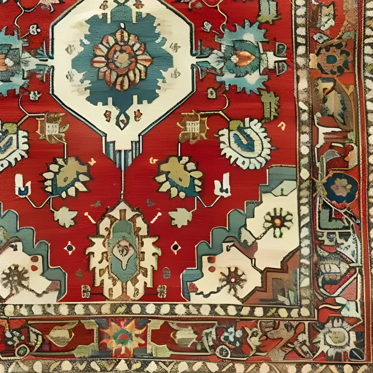A vibrant Rosy Retreat Hand Knotted Area Rug showcasing intricate Persian-inspired patterns in rich red, blue, and cream tones. This vintage rug features floral and geometric designs, perfect for adding a touch of elegance to large living room spaces.