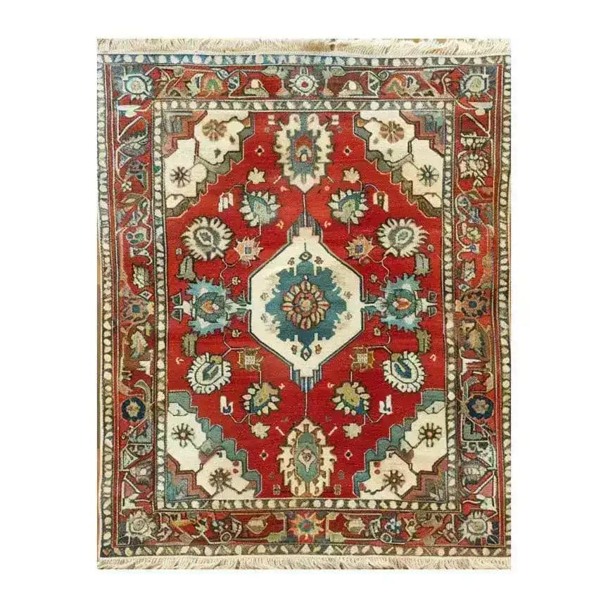 Top view of the Rosy Retreat Hand Knotted Area Rug, a stunning vintage rug featuring intricate Persian designs in vibrant red, blue, and ivory. Perfect for large living rooms, this elegant rug enhances any space with its timeless beauty.